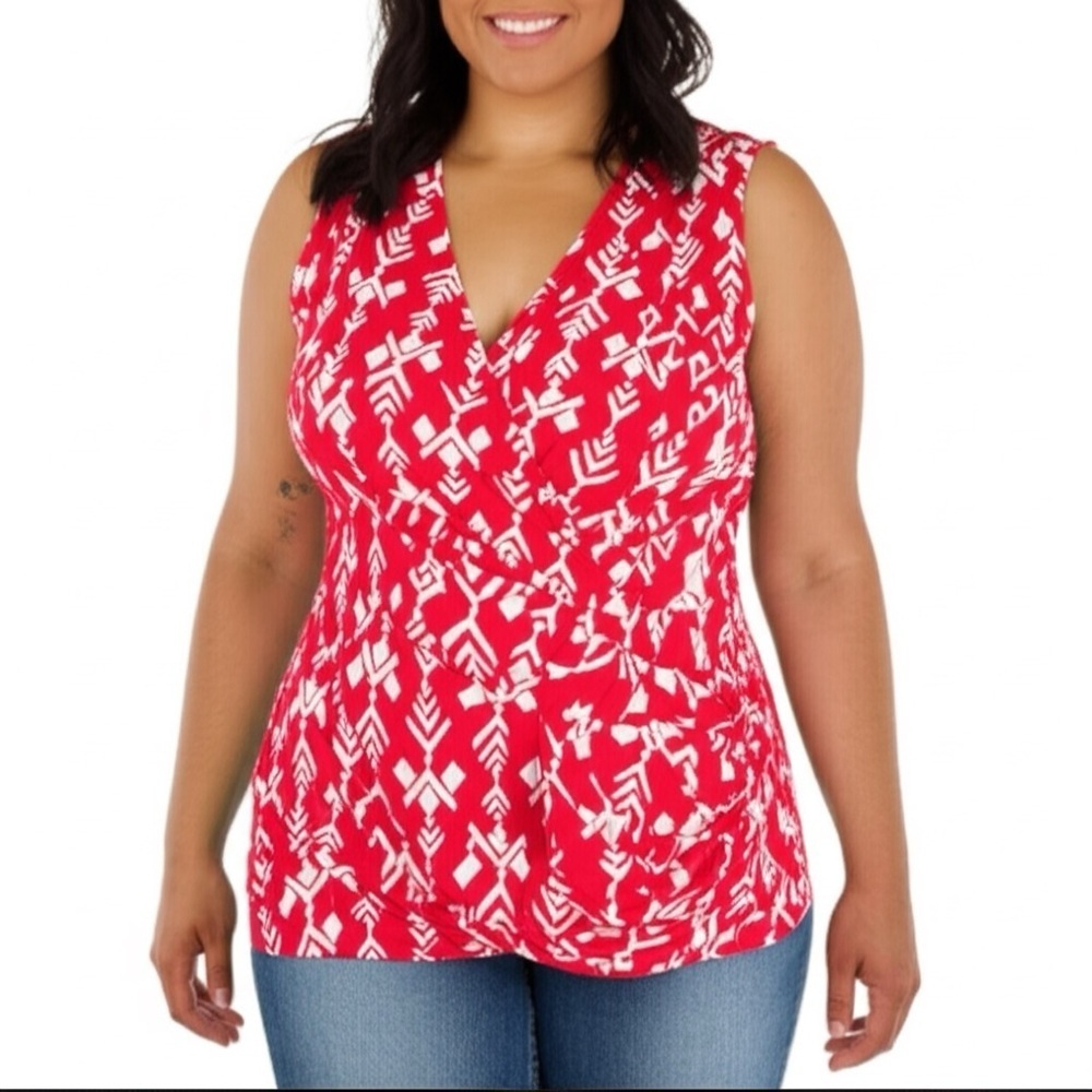 Cremieux sleeveless Wrap Top, Red & White, Size XS